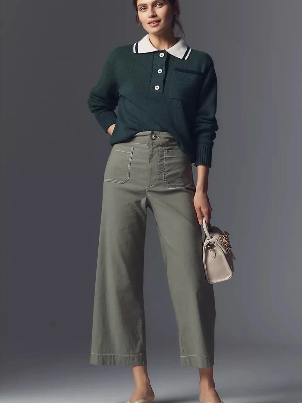 Maeve The Collette Sage Green Wide Leg Pants with Contrasting Stitch - Picture 4 of 12